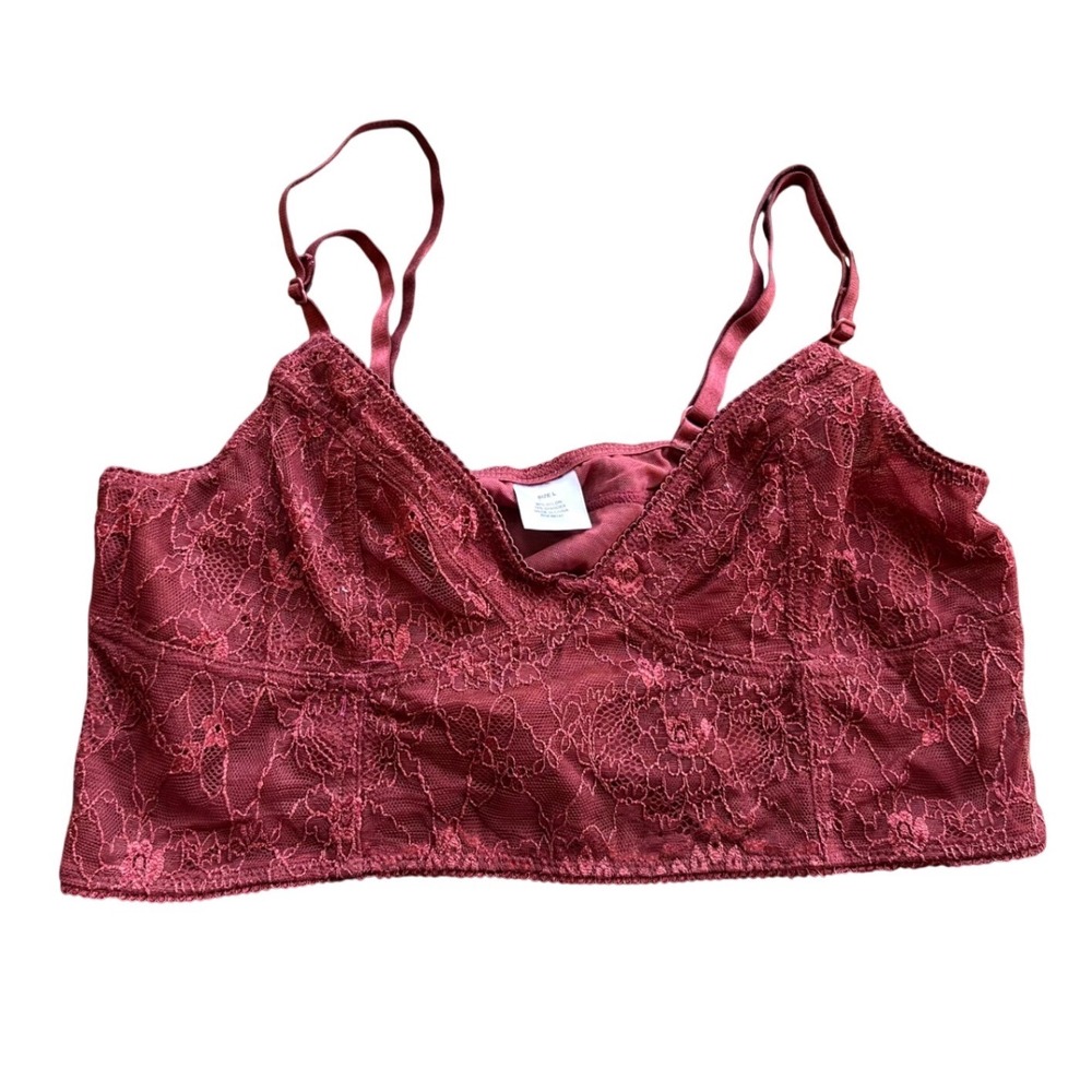 Burgundy Floral Lace Bralette Longline V-Neck Adjustable Straps Wine‎ Red Large